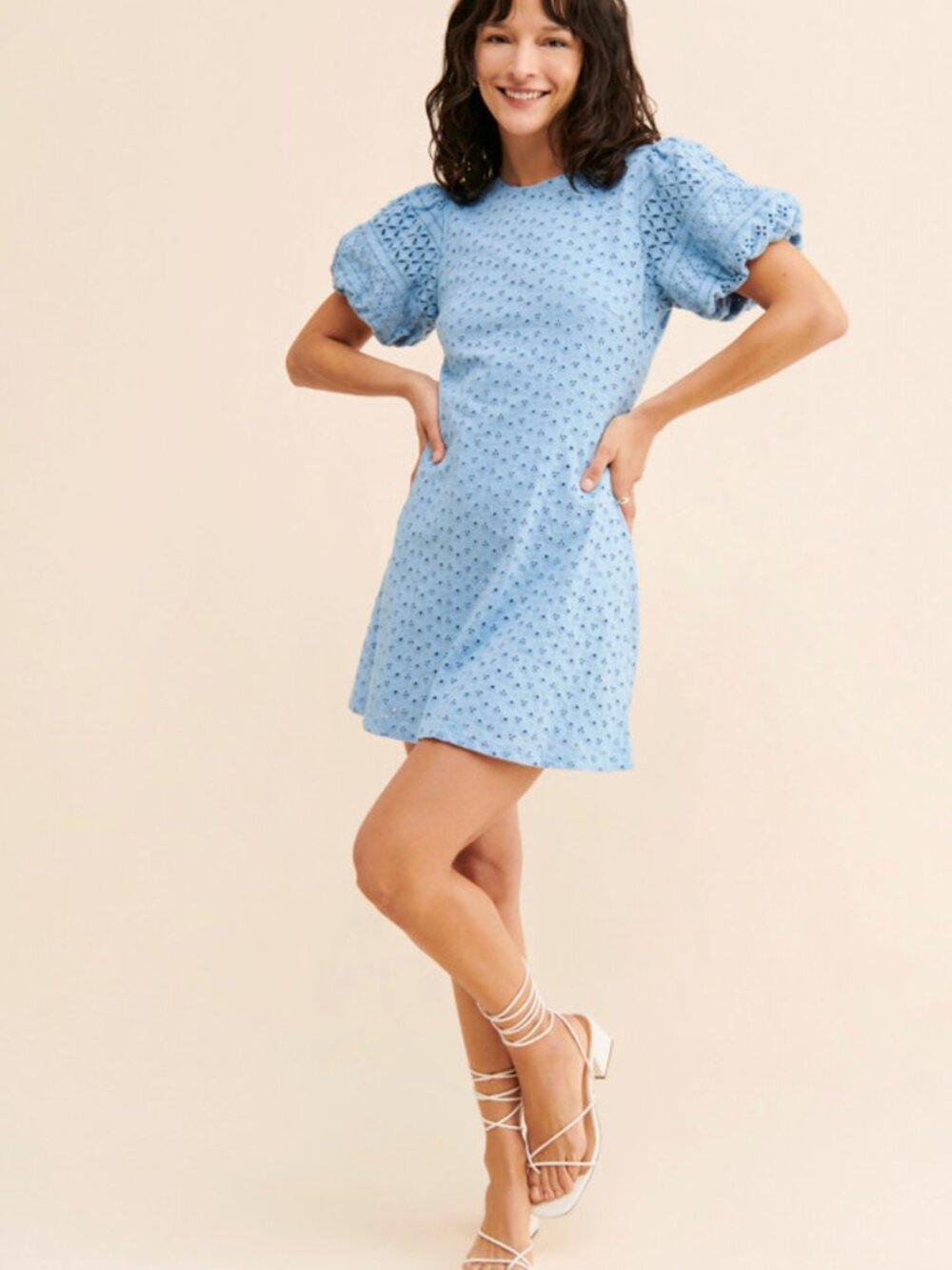 Free People Apricot Rose Sky Blue Puff Sleeve Ruffle Mini Dress Size S